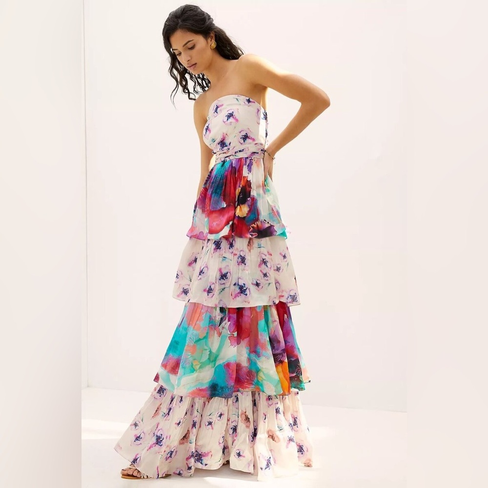 Strapless Tiered Floral Maxi Dress in Multicolor